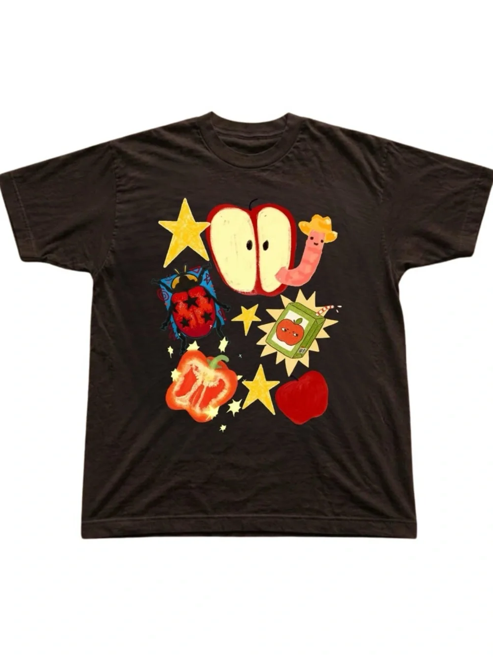 Gildan Tee with Colorful Fruit & Star and ladybug Graphics